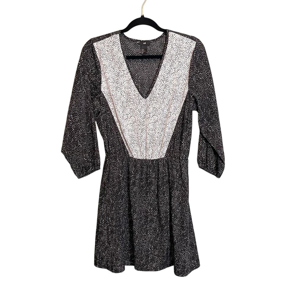 H&M Women's Black Polka Dots V-Neck Long Sleeve Cinched Baby Doll Dress‎ Size 8